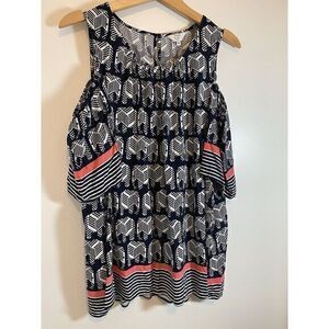 Crown Ivy Cold Shoulder Navy Blue White Top Size PXL‎ Elephants Pattern Coral